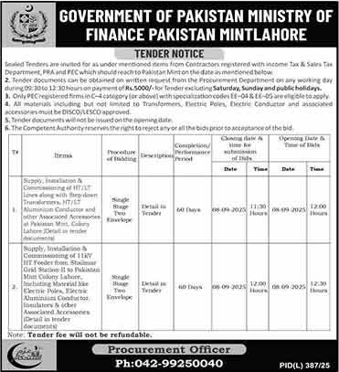 Ministry of Finance Pakistan Lahore Tender Notice